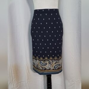 Linda Matthews Women's Blue Printed Pull-On Knee Length Pencil Skirt Size Small